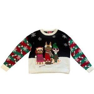 Holiday Dog Novelty Sweater Black Red  Green doggies glasses snow Sz Lg stripes